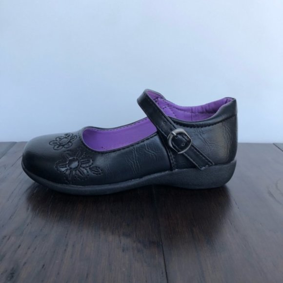 Kids Girls Leatherette Floral Perforated Decor Velcro Strap School Uniform Shoe - Picture 2 of 4